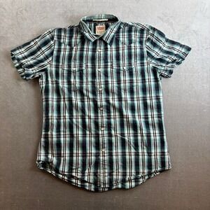 Levi's Plaid Western Shirt Men's Large Blue Pearl Snap Short Sleeve Slim Fit